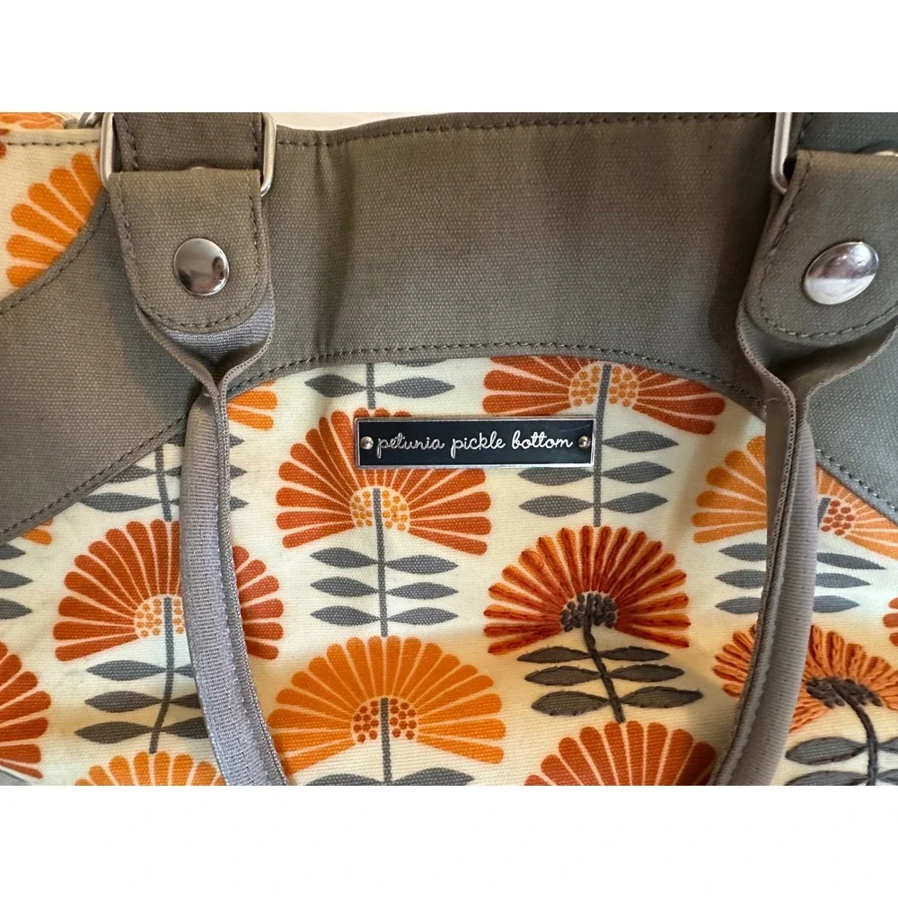 Petunia Pickle Bottom Diaper Bag Orange Grey Floral Glazed Canvas Tote Crossbody